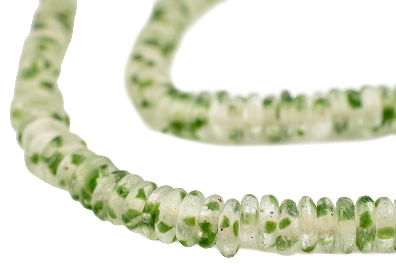 The Bead Chest African Disk Recycled Glass Beads - Full Strand of Eco-Friendly Ghanaian Rondelle Beads (Forest Green Mist)